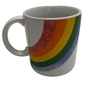 Vintage 1984 FTDA Rainbow Ceramic Coffee Mug Retro 80s White Made in Korea Pride
